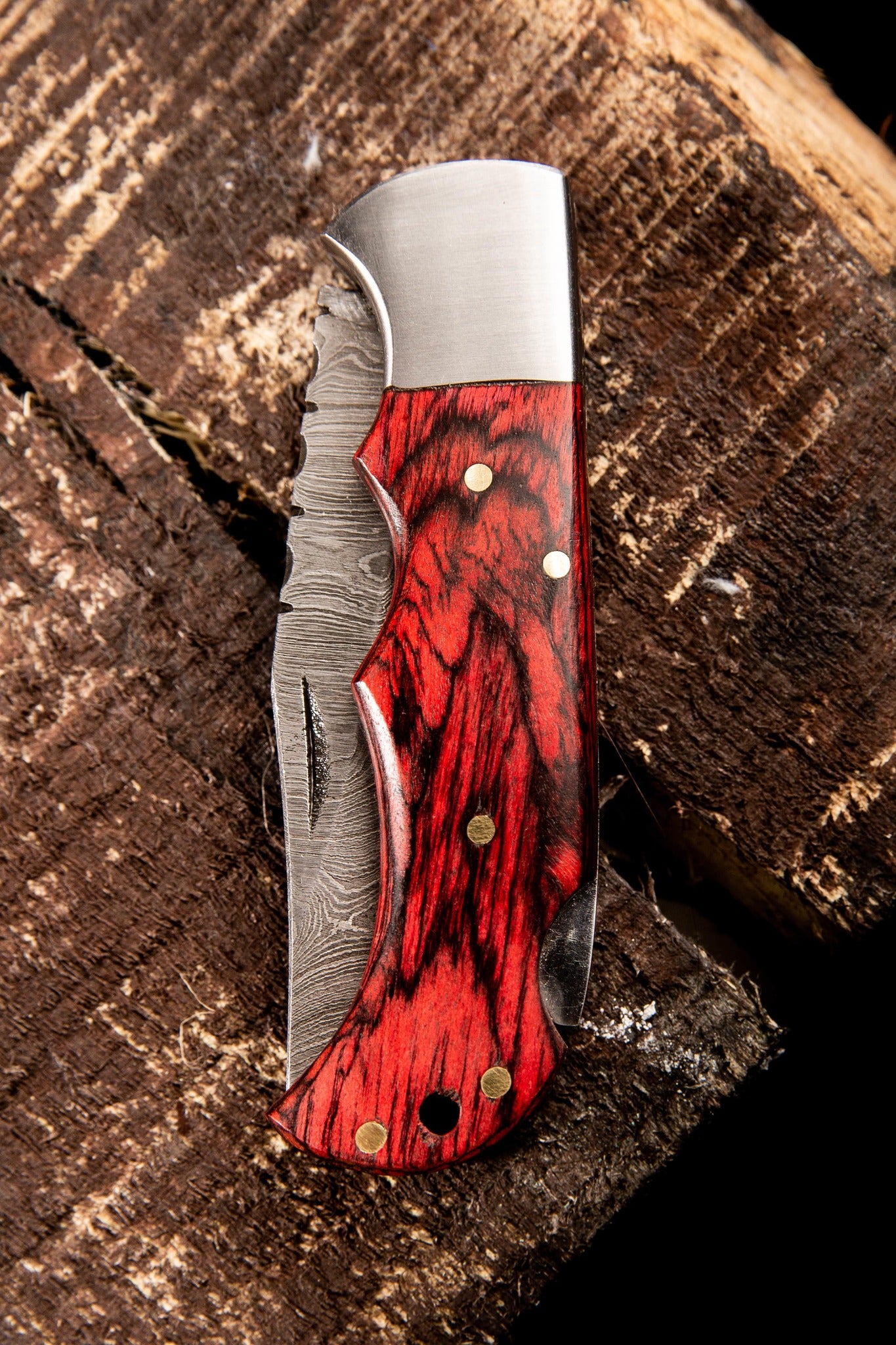 6.5” Hand Made Damascus Pocket Knife - Camping Knife With Back Lock Folding & Red Stained Wood Handle