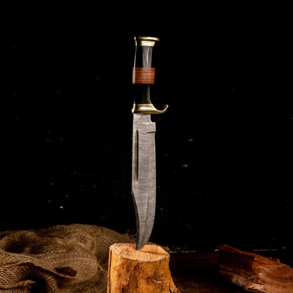 15” Hand Made Damascus Steel - Long Point Bowie Hunting Knife Everyday Carry - Shark Tooth Pattern