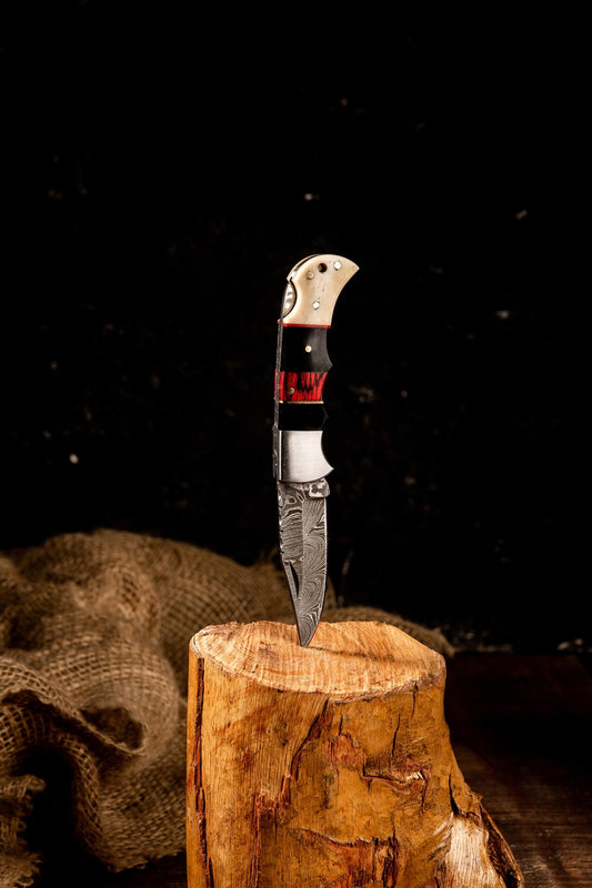 6.5” Handmade Damascus Steel Pocket Knife - Foldable Design Hunting Knife With Damascus Blade, Camel Bone & Multi Colored Wood Handle