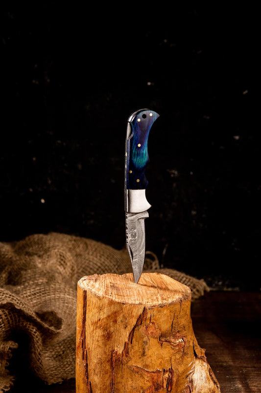 6.5” Hand Made Damascus Pocket Knife - Camping Knife With Back Lock Folding & Blue Stained Wood Handle