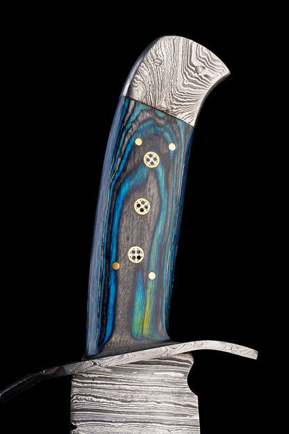 15" Hand Made Damascus Steel Bowie Knife - Advance Camping Knife with Blue Colored Wood Handle