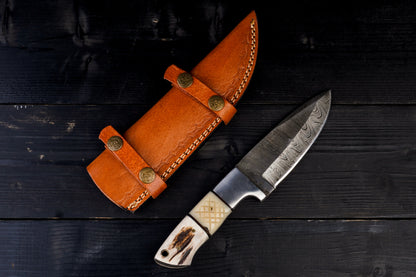 9" Hand Made Forged Damascus Steel - Knife With Handle Made from Camel Bone and Antler Horn