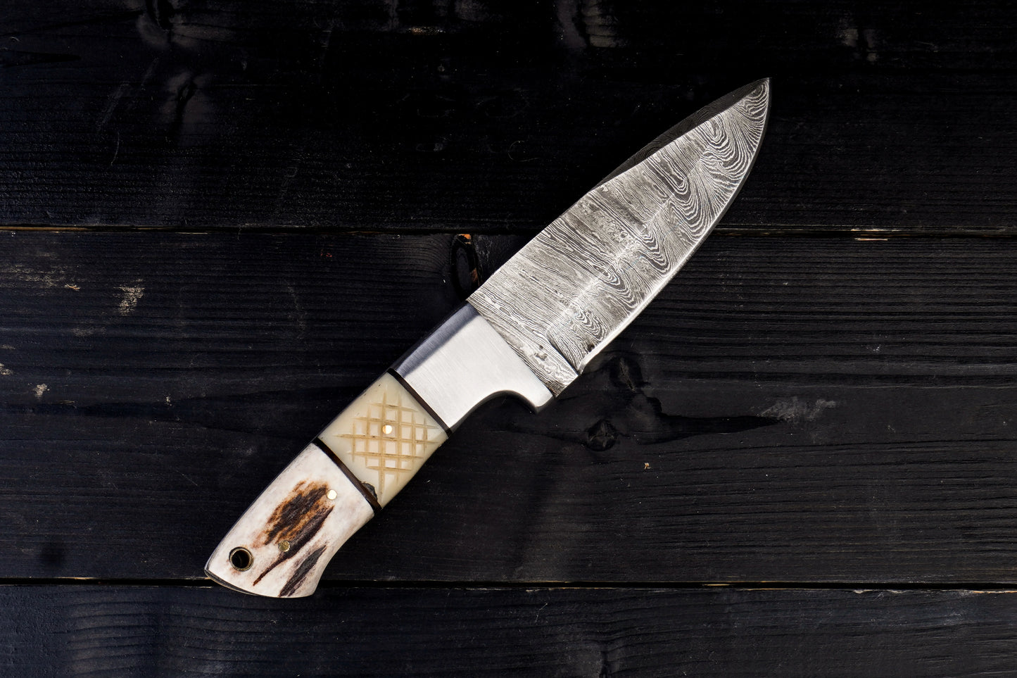 9" Hand Made Forged Damascus Steel - Knife With Handle Made from Camel Bone and Antler Horn