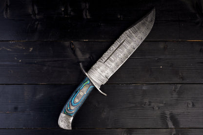 15" Hand Made Damascus Steel Bowie Knife - Advance Camping Knife with Blue Colored Wood Handle