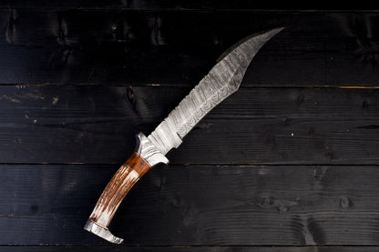 15” Handmade Damascus Steel Bowie - Fix Blade Knife With Antler Horn Handle